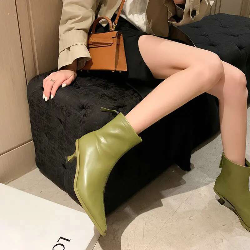 High Heel QUTAA Fashion Women Ankle Boots Sexy Autumn Winter Pointed Toe High Heels Genuine Leather Casual Black Shoes Size