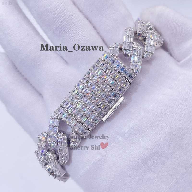 15mm Vvs Baguette Cut Moissanite Diamond Hip Hop Men Silver Iced Out Cuban Bracelet