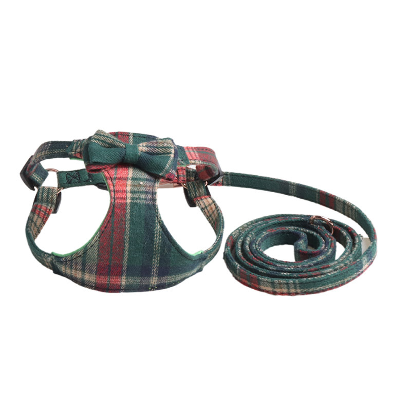 Classic Plaid Christmas Dog Harness Leash Set with Bowknot Comfort Adjustable Pet Vest Harness Ideal Holiday Gift for Small Dogs Daily Walking A25 - view 6