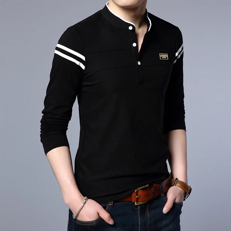 Mens fashion summer long sleeved polo Tshirt casual cotton breathable top stand collar Korean comfortable shirt 250326
