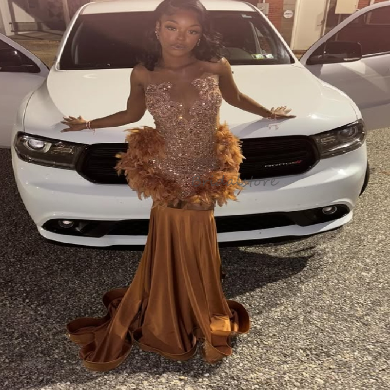 Luxurious Camel Tan Prom Dress With Feather Rhinestone Diamond Mermaid Black Women Evening Dress Backless Formal Dance Birthday Bespoke Party Gowns 20