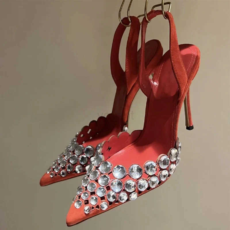 Luxurious Sles Wen Big Rhinestones Stiletto High H Sandals Slip On Slingback Ladies Summer Dress Shoes Z250326