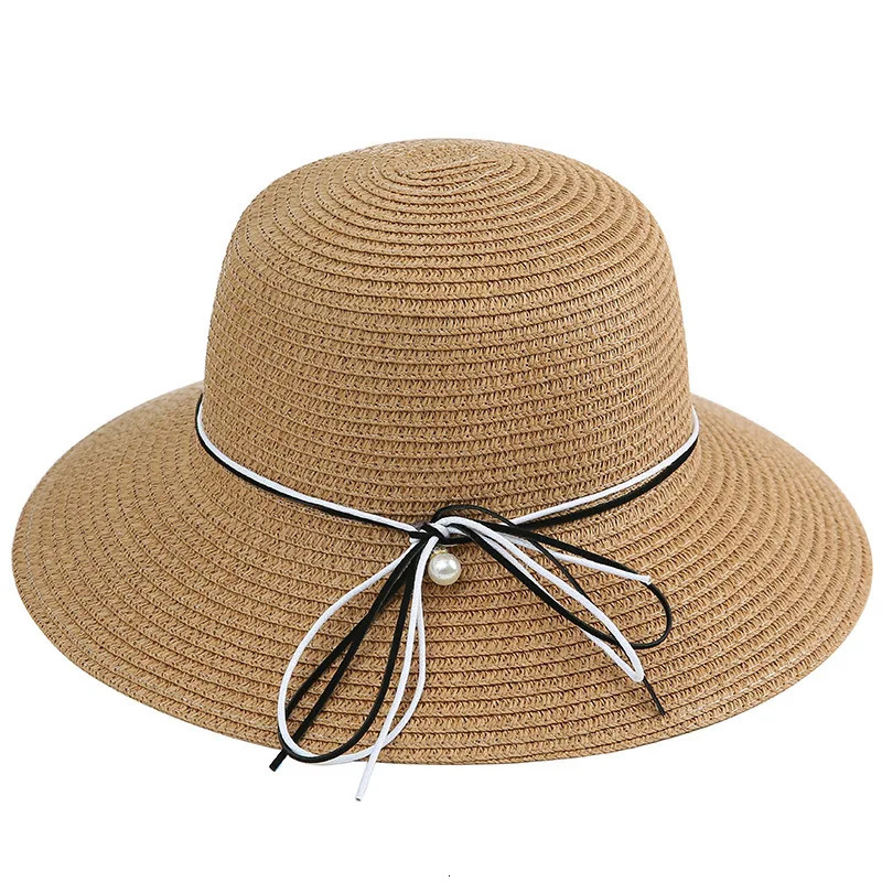 Black and White Rope Pearl Womens Straw Hat Summer Seaside Travel Foldable Shade Womens Straw Hat 250326