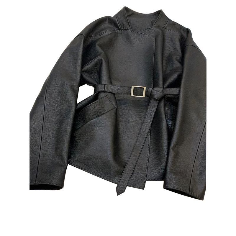 Temperament socialite women's short 2025 autumn trend motorcycle leather small tie up jacket