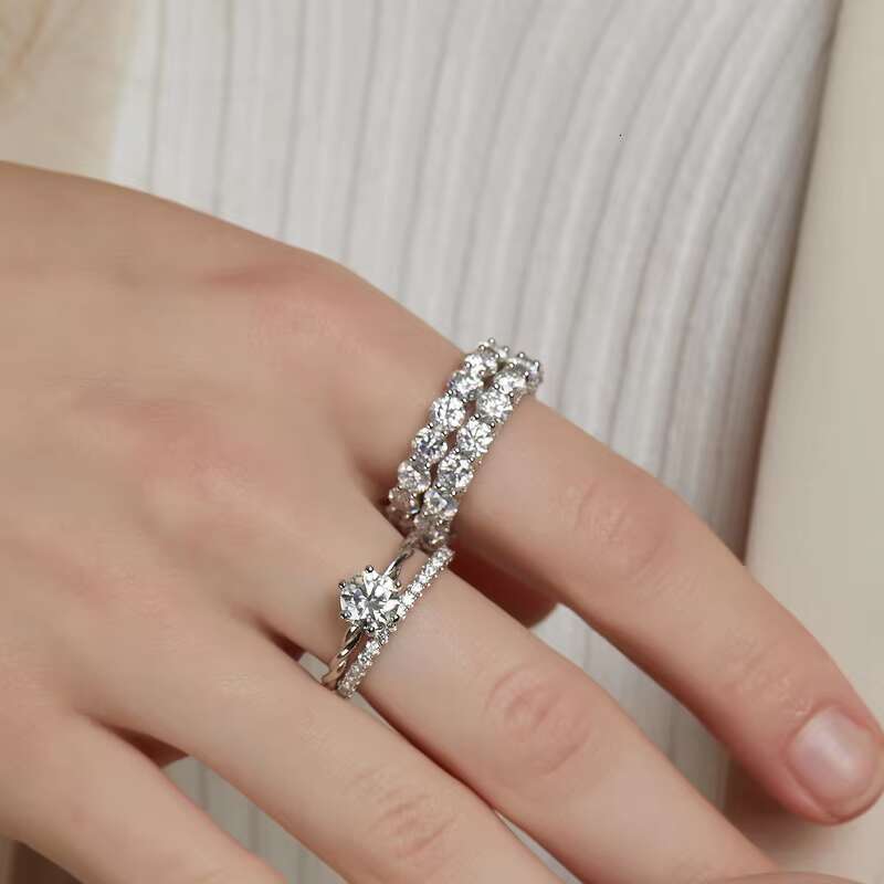Kacy Gra Bridal Custom 925 Silver 4mm Round Cut Ice Out Moissanite Engagement Eternity Band Ring for Wedding