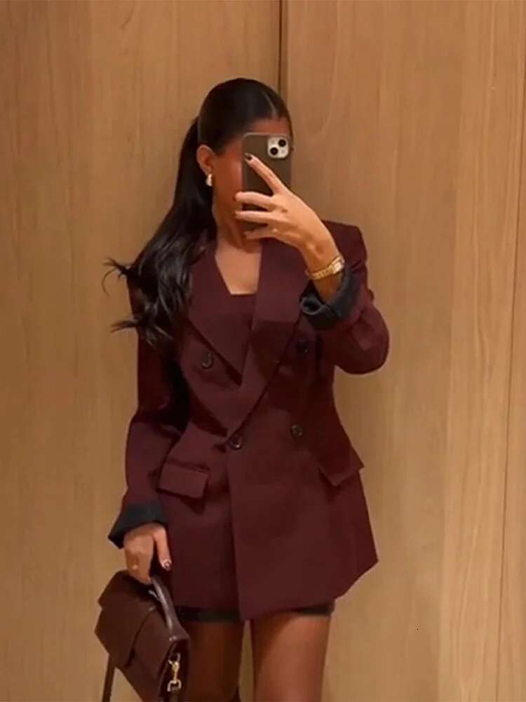 Vintage Lapel Women Blazer Fashion Double Breasted Fake Pockets Office Lady Suit Jacket Autumn Long Sleeve Female Coat