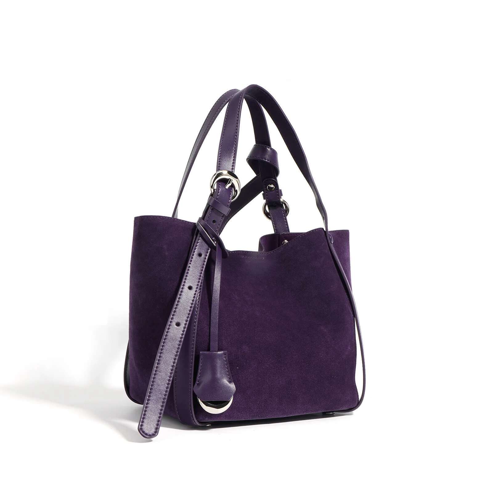 New Adjustable Handle Nubuck Trapeze Tote Wine Red Blue Matte Suede Cow Leather Women Handbag Niche Winter Shoulder Bag