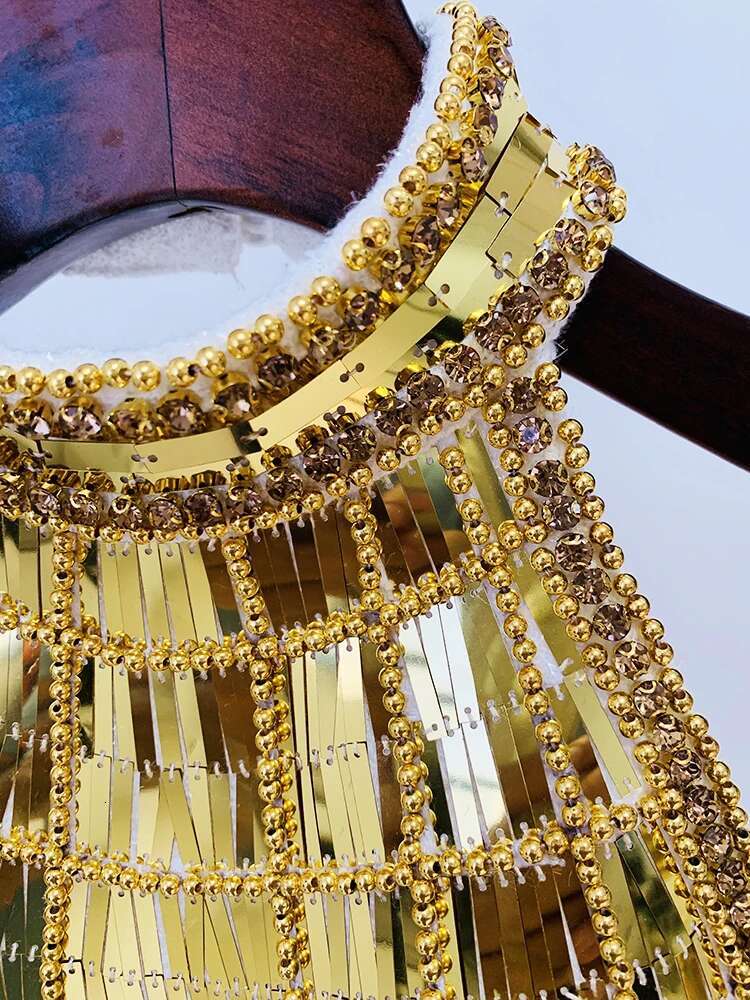 HIGH STREET Newest Fashion 2024 Designer Women's Stunning Metallic Dias Beaded Halter Neck Tweed Camis Tank Tops