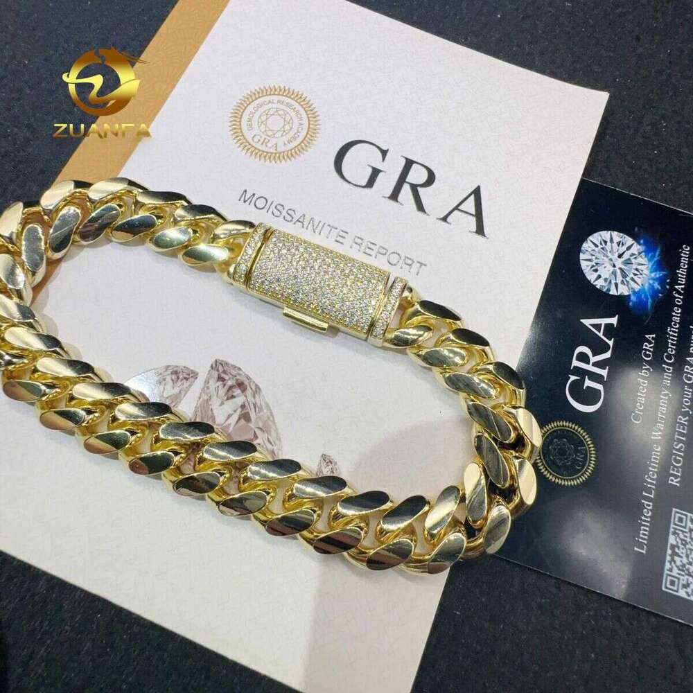 VVS Moissanite Dia Clasp Sterg Sier Hip Hop Jewelry 10K 14K Real Gold Plated Plain Cuban Bracelet