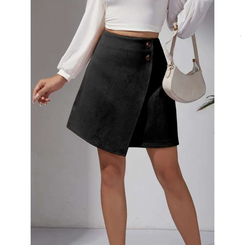 Dongdumaoyi Dames Herfst Winter Su De Asymmetrische Midi Rok Effen Kleur Hoge Taille Rits Knop Korte A