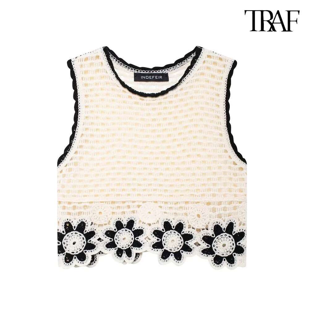 TRAF New Crochet Sleeveless Top Clashing Wide Leg Pants Set Sexy O Neck Short Tank ral Knit Trousers Simple Two PieceSet