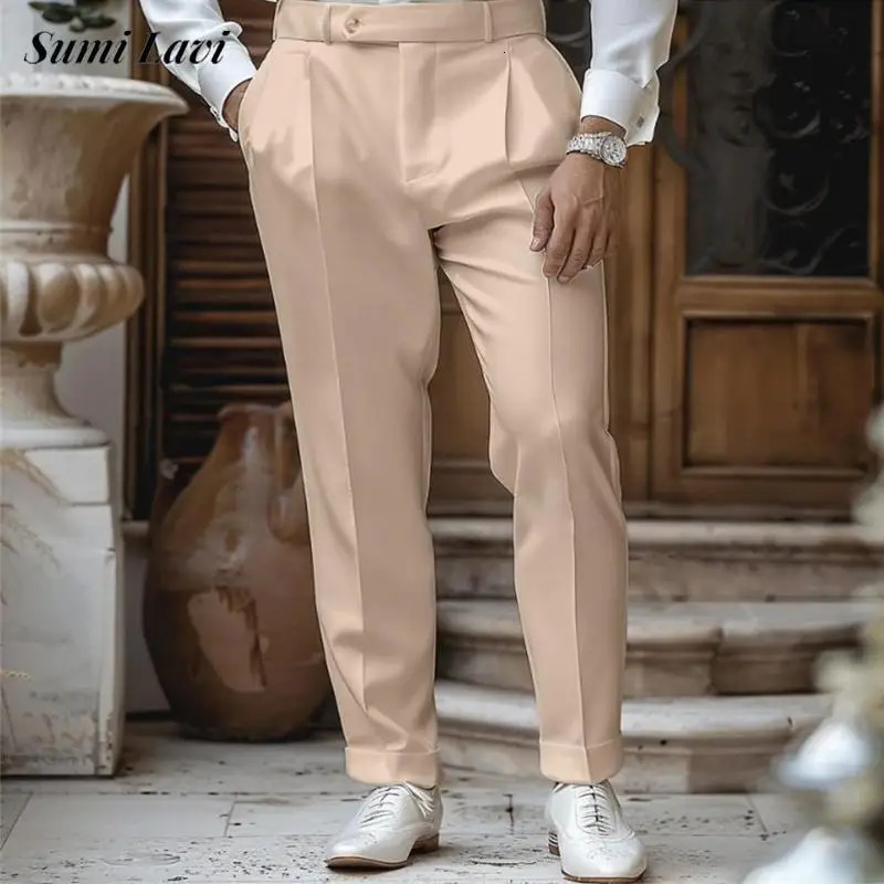 Spring and summer casual breathable set mens Trouser retro solid color loose straight pants mens casual pleated Trouser 250321
