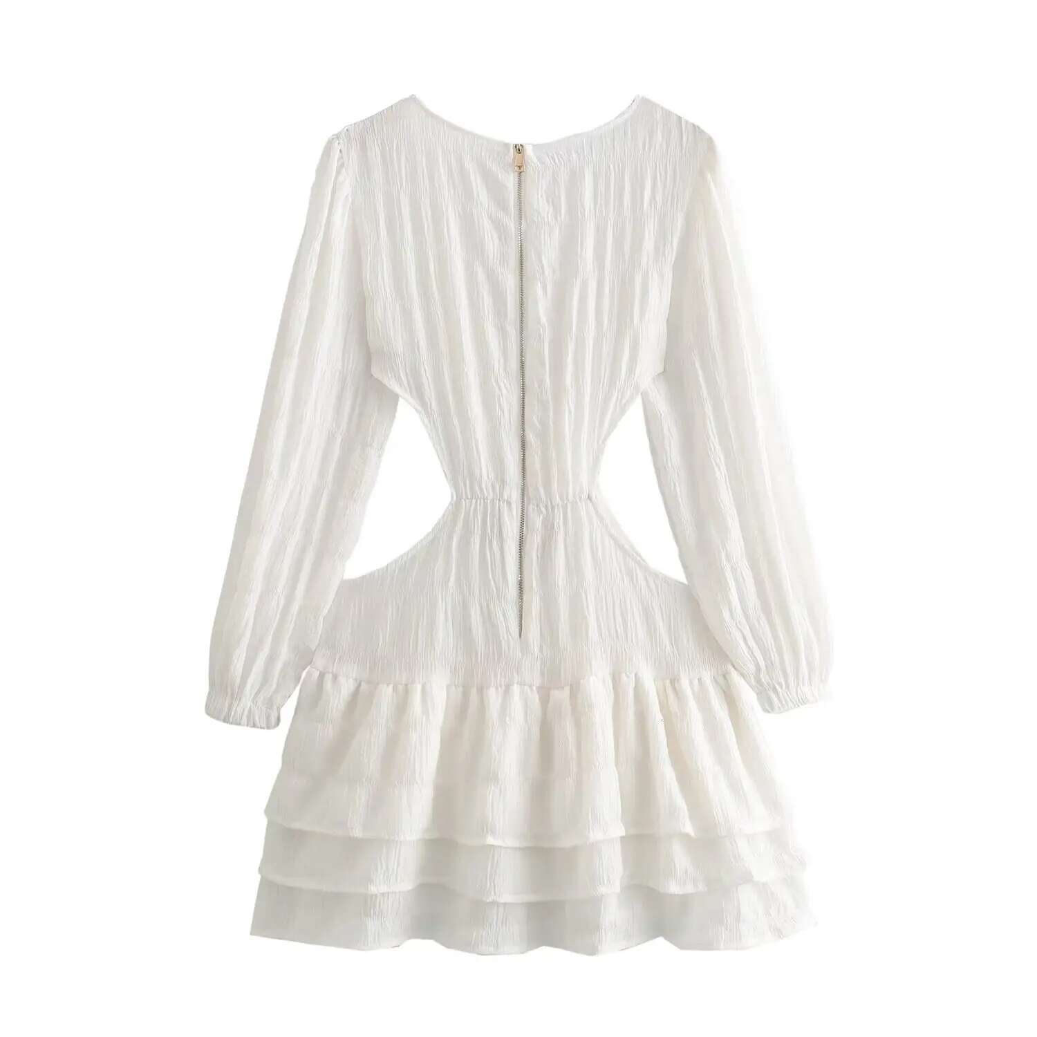 TELLHONEY Women Fashion V-Neck Back Zipper Dress y Long Sleeves Waist Hollow Pleats Mini Dresses