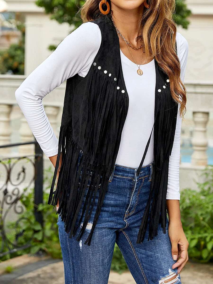 Vintage Women Tassel Vest 70S Hippie Faux Suede Rivets Sleeveless Fringe Jacket Waistcoat Streetwear S-Xxxl