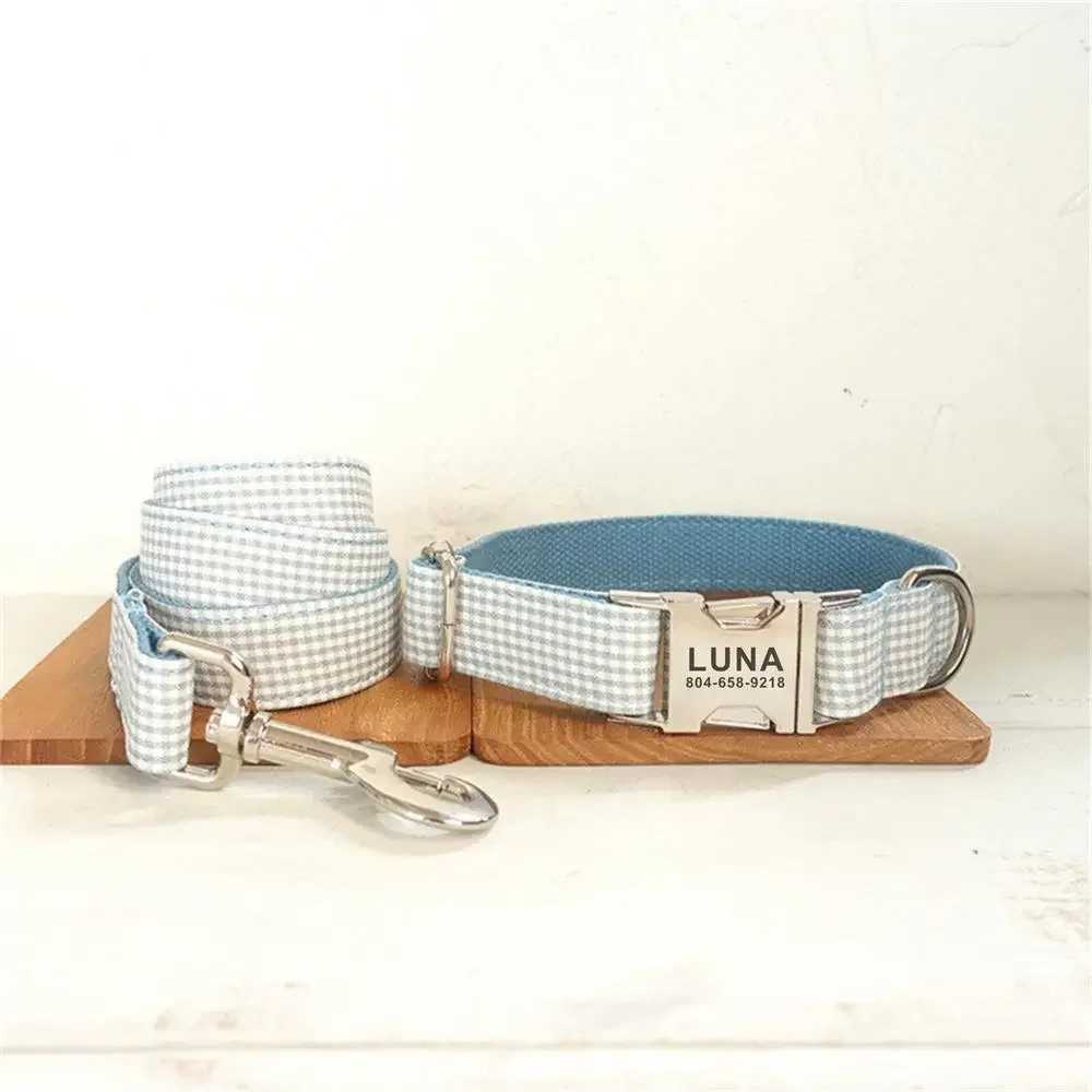 Personalized dog collar no carving matching pet leash customized contact metal buckle blue and white checkered puppy collar X250326