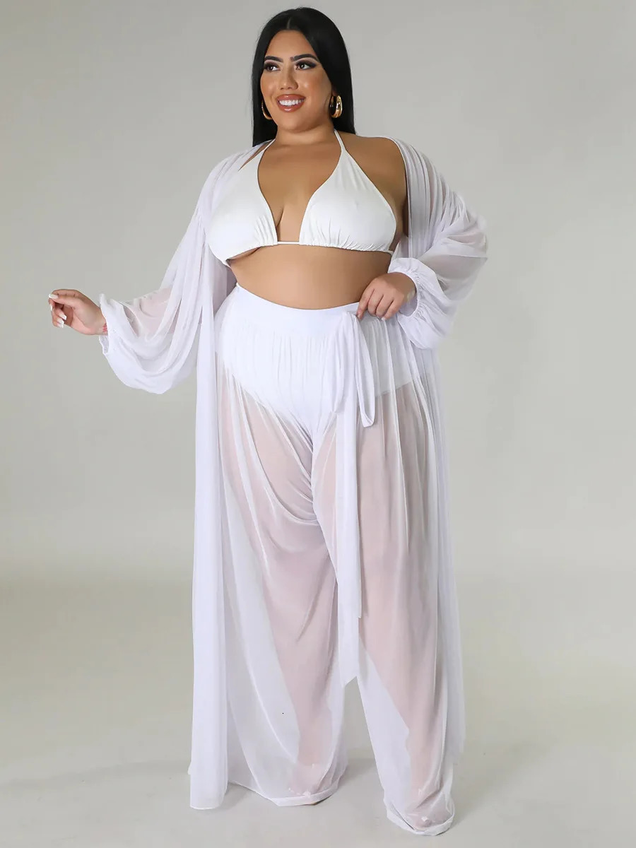 Plus Size Loose Sheer Mesh Two Piece Set Summer Women Clothes Beach Style Long Sleeve Cardigan Cover-ups Pants 2 Pieces Set 250324