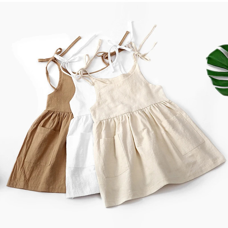 Kids Girls Summer Cotton Princess Dress Linen Suspenders Casual Cute Toddler Costume Leisure Children Girls Retro Dress 250326