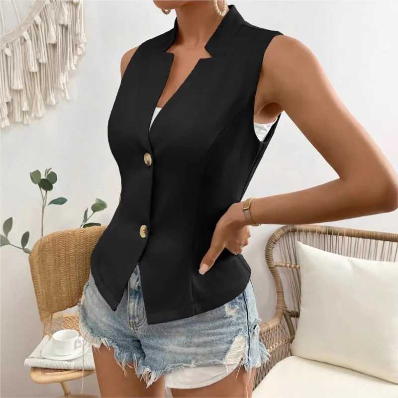 Womens solid V-neck ultra-thin vest single chest European style commuting elegant womens fashion jacket for spring and summer M250326