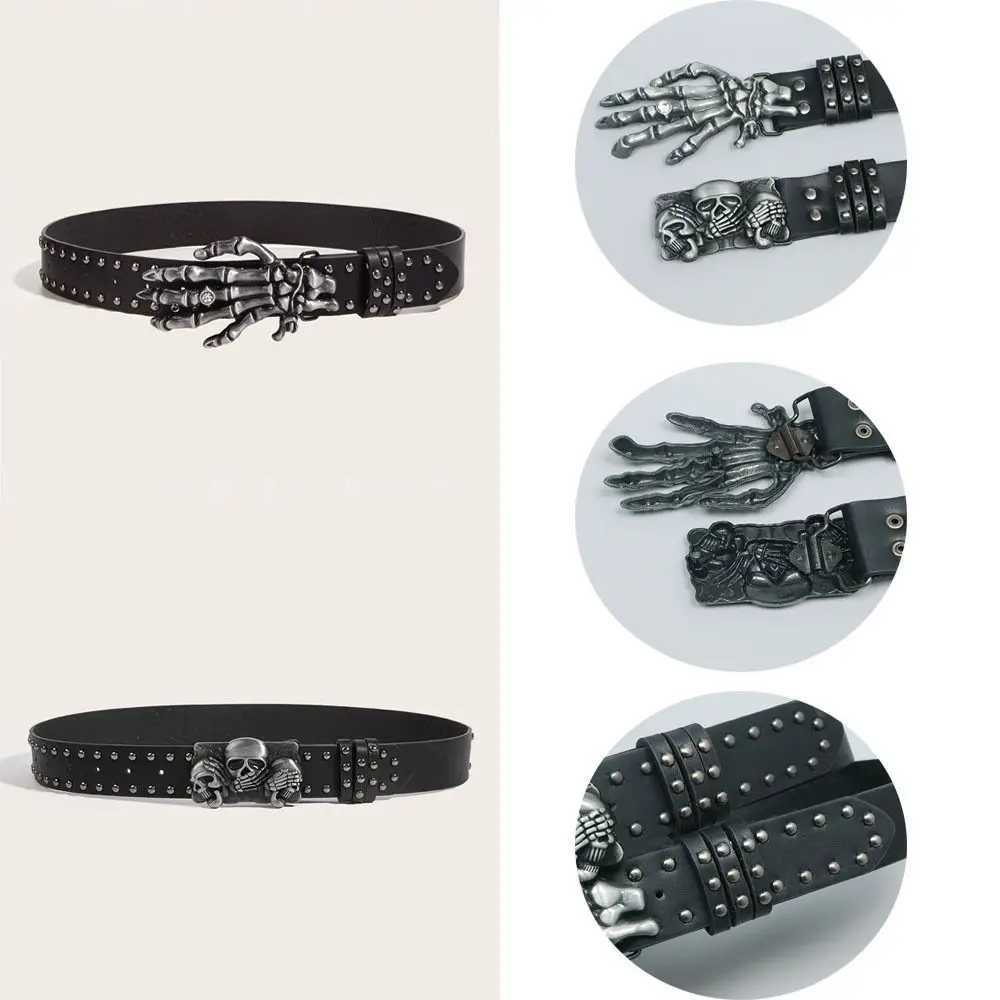Punk Skull with Harajuku Gothic Leather Y2K Rivet Belt Skeleton Adjustable Hand Decoration Belt Mens and Girls Leather Belt Neutral Style W250326
