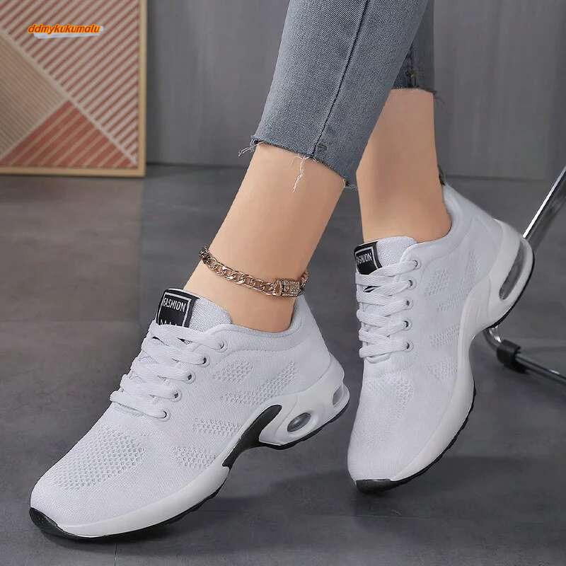 Women Air Cushion Sneakers Mesh Running Sport Lace-up Training Walk Flat Solid Black White Red Shoes 2024 New ddmykukumalu