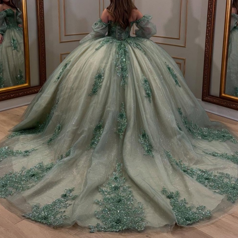 Green Shiny Quinceanera Dresses Off Shoulder Ball Gown Sweet 16 Dress Beads Appliques Lace Tull Corset Birthday Party Vestidos De 15 Anos