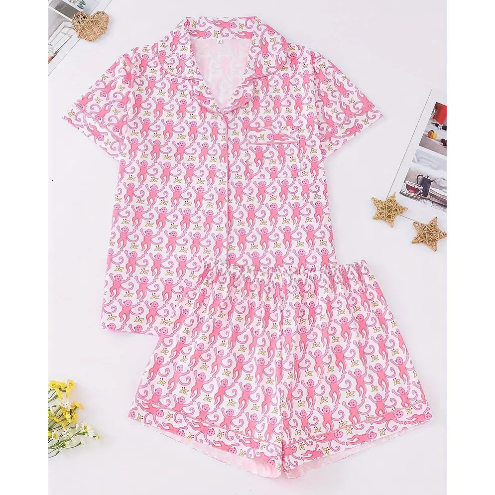 Hot selling flamingo ice silk pajamas set, casual cartoon monkey printed home clothes, loose fit
