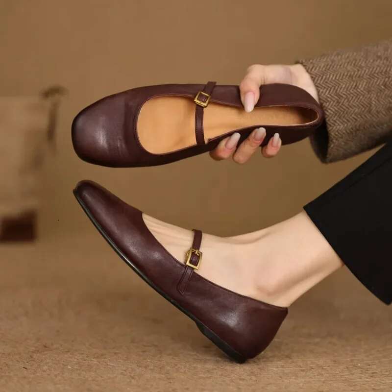LeShion of Chanmeb Women's Real Leather Mary Jane Brown Vintage Buckle Comfort Flats Red Soft Black Ballet Shoes Ladies 40