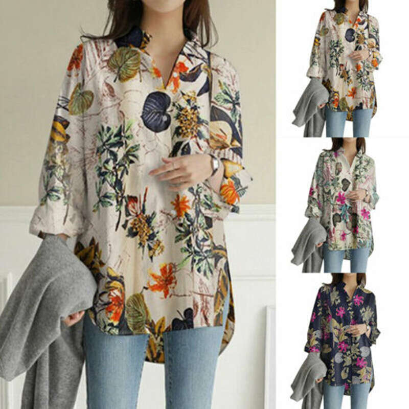 2024 long sleeved plus size cotton linen printed top, loose and trendy