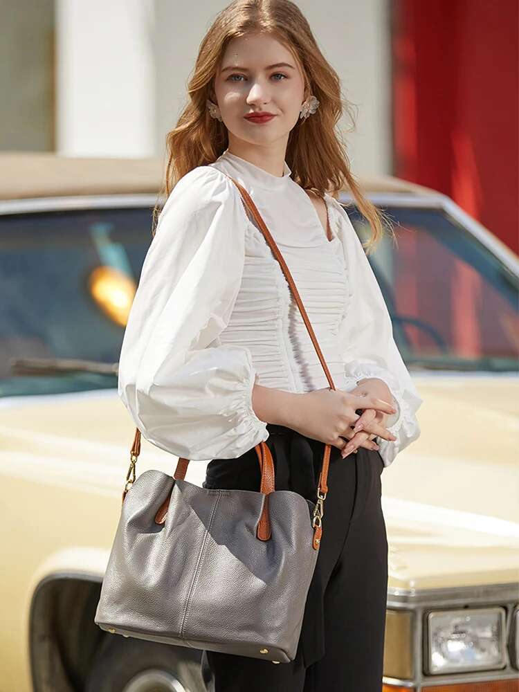 Zency Blue Genuine Leather Women Tote Bag Ruched Contrast Color Top Layer Cowhide Shoulder Crossbody Handbag Versatile Shopping