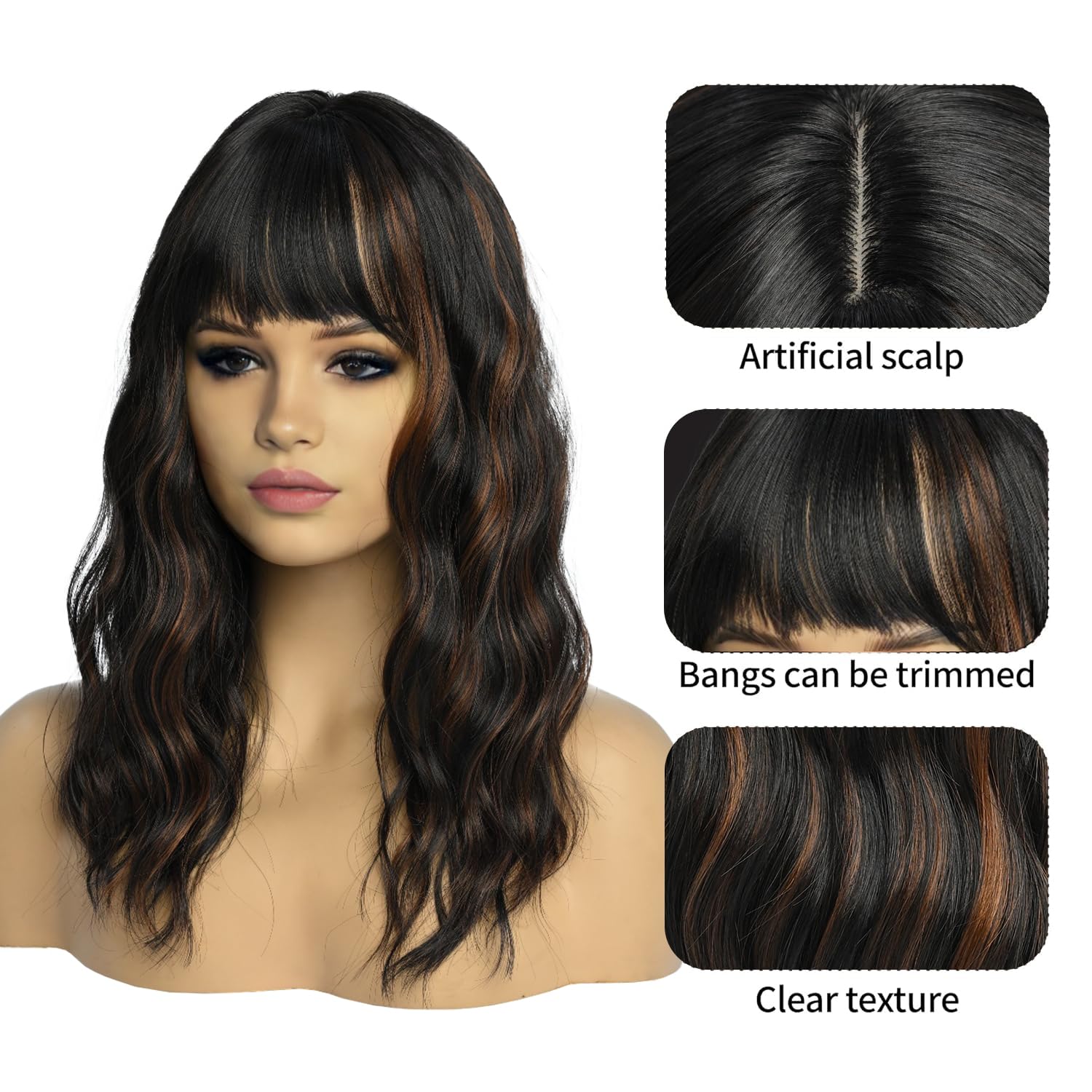 Brown Highlight Wigs with Bangs for Women Synthetic 16inch Medium Length Wigs with Natural Long Wavy Fringe Bang wig Heat Resistant Hair for Daily Par