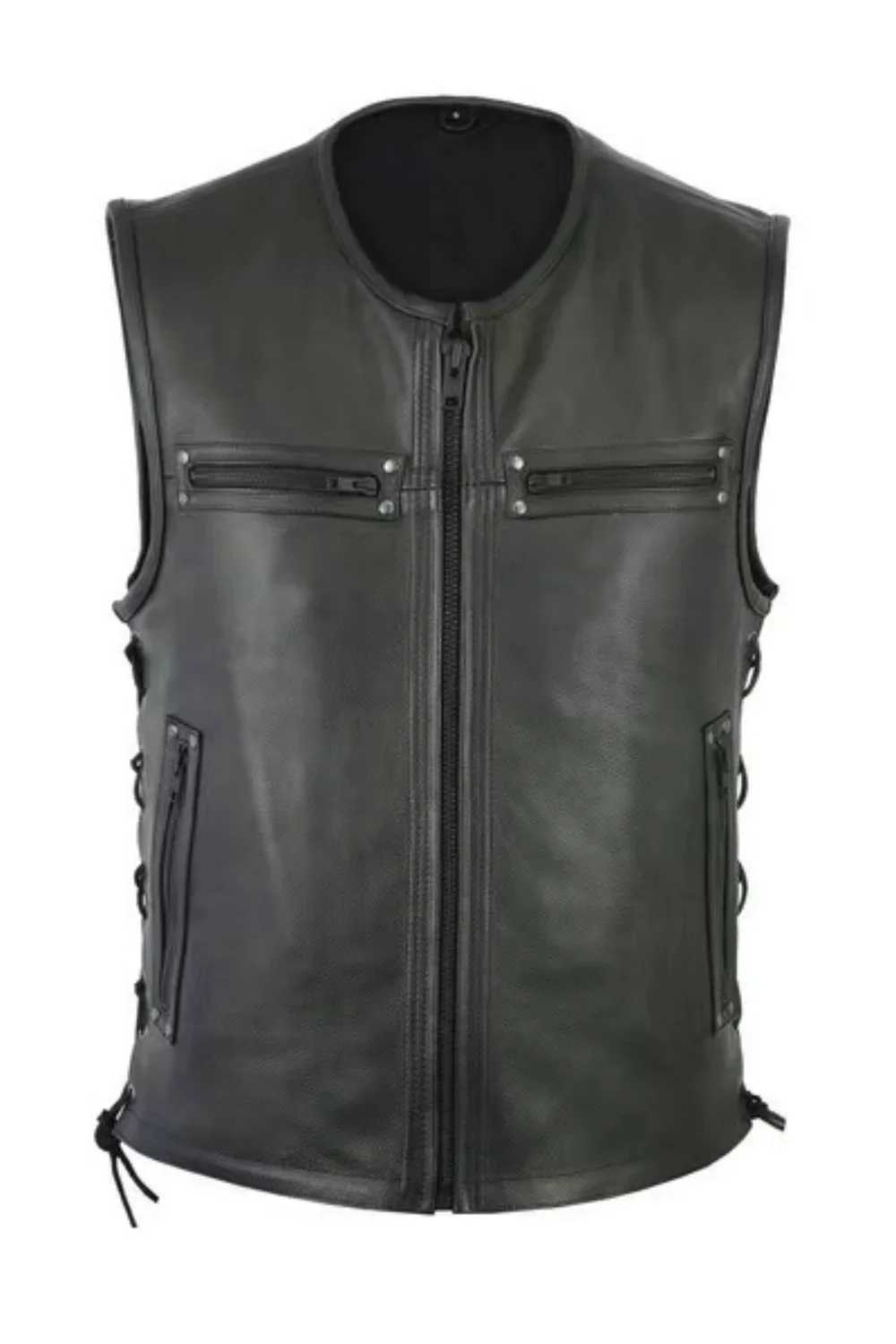 New Arrival new solid color mens motorcycle vest stand collar PU leather vest jacket team punk sleeves top mens large size 5XL Z250326
