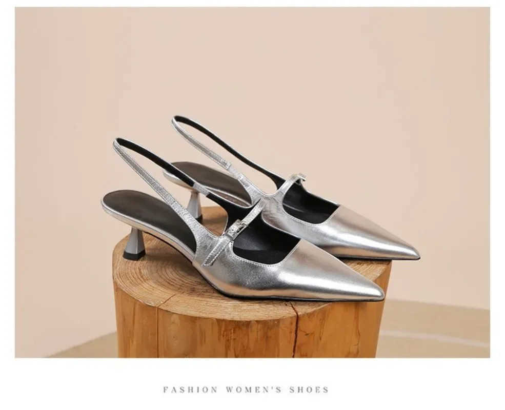 2024 New Summer Wens Sandals French High H Pointed Toe Temperament Baotou Sandals One-Buckle Back Emp Sandals 35-42 Z250326