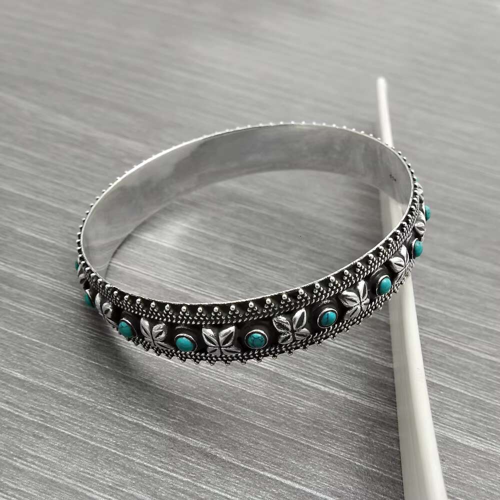 Indian Artisan Handicraft Jewelry Sterg Oxidized Sier Natural Turquoise Gemstone Ethnic Engraved Bangle Woman Girls Al
