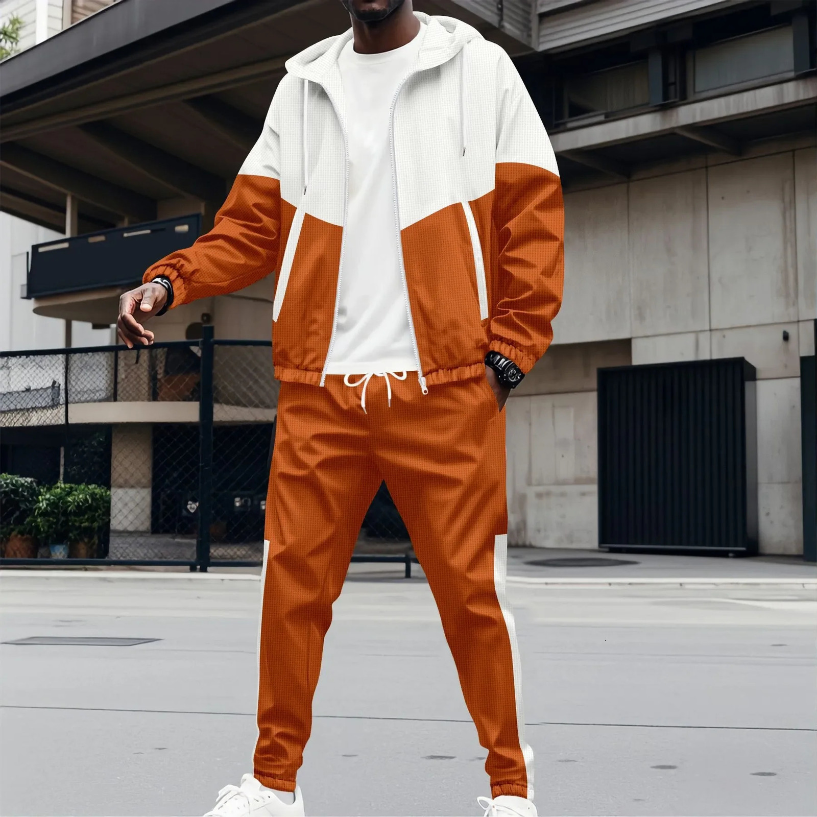 Spring and Autumn Mens Hooded Waffle Color Matching Jacket Double Pocket Long Sleeve Casual Sports Pants Set 250326