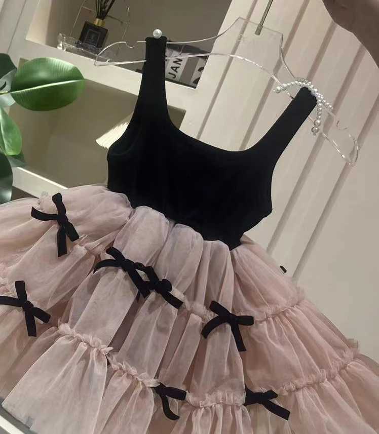 Girl 2024 Summer New Bow Dress Girl Sleeveless Black Pink Princess Dress Cute Clothes for Preschool Girls W250326