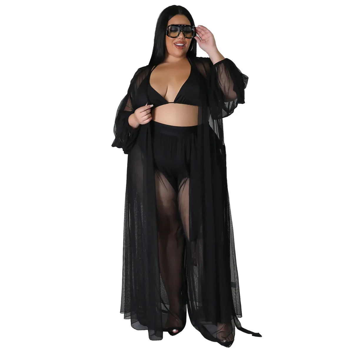 Plus Size Loose Sheer Mesh Two Piece Set Summer Women Clothes Beach Style Long Sleeve Cardigan Cover-ups Pants 2 Pieces Set 250324