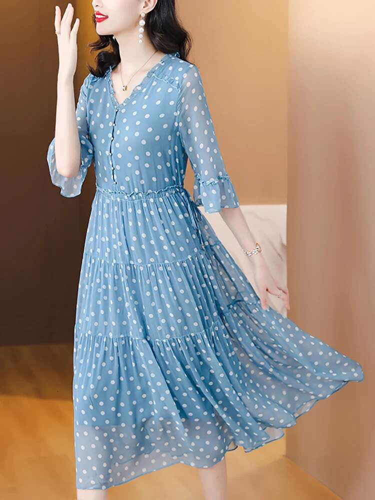 Blue Elegant Ploka Dot Flare Sleeve Ruffled Women Fashion Bodycon Casual Home Dress 2024 Korean Chic Evening Vestidos