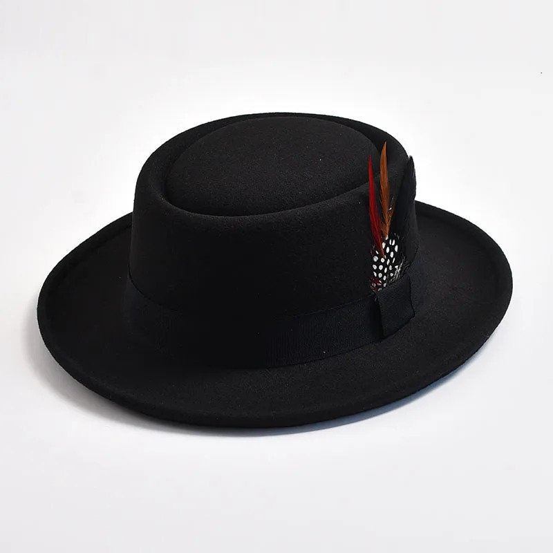 retro pork pie hat mens rolling Brim felt Fedora hat with feather gentleman Trilby jazz hat 250325