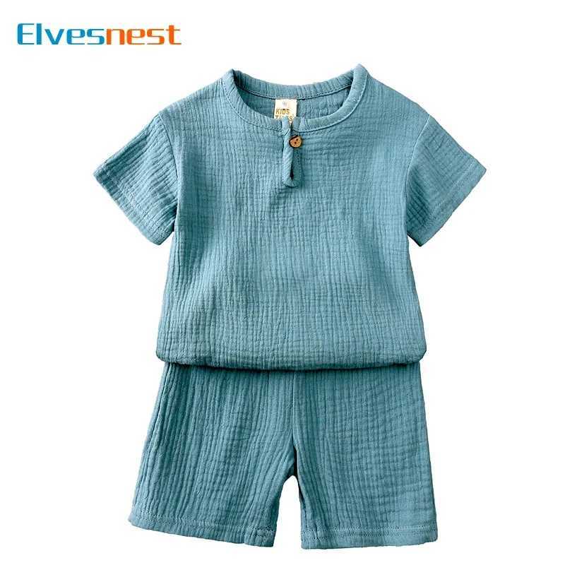 Cotton and linen childrens clothing girls clothing summer boys clothing set solid color short sleeved top childrens clothing for 2-7 years W250326