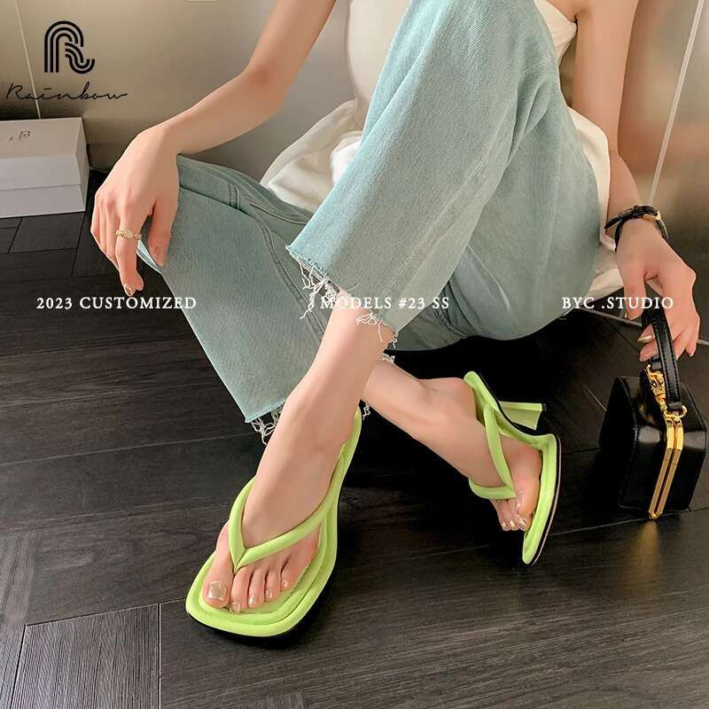 RAINBOW Size 33-41 Classic Flip P Pu Leather Round Toe Thin High Heels Women Slipper Summer Shoes Pink Top Quality Sandals