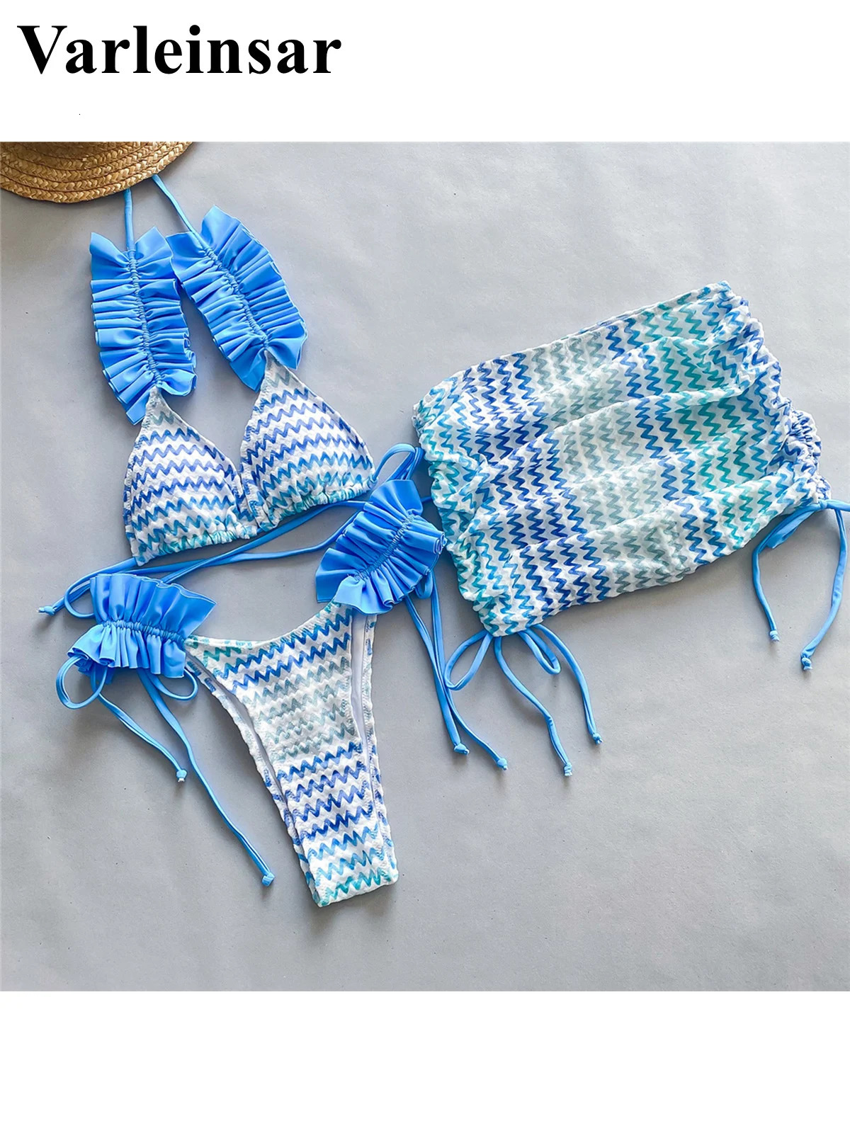 With Skirt Waved Ruffled Frilled Bikini Female Swimsuit Women Swimwear Three-pieces Bikini set Bather Bathing Suit Swim V5235 250324
