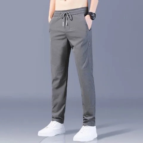 Ice Silk Mens Pants 2023 Summer Black Grey Thin Business Casual Outdoor Elastic Breathable Straight Leg Sports 250326