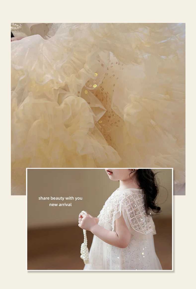 Girls Prin cess Dress Casual Spring Summer Princess Dress Childrens 2024 Wear Korean Pearl Neck Fashion Yarn wedding Dress W250326