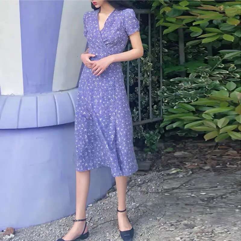 Summer Dresses ral Print Chiffon Evening Retro Long Beach Women Dress Casual Light Prom Purple Robe