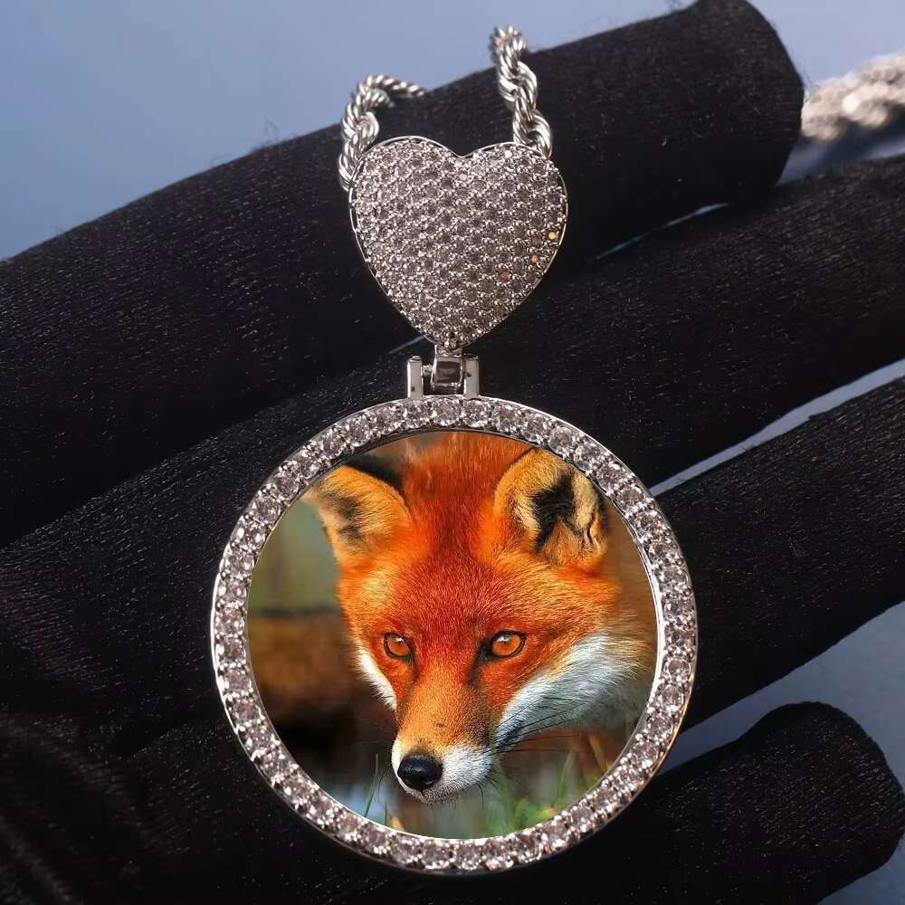 New Creative Heart Hook Circle Photo Pendant Necklace DIY Iced Out Zircon Photo Frame Pendant Men Women Hip Hop Necklace Jewelry