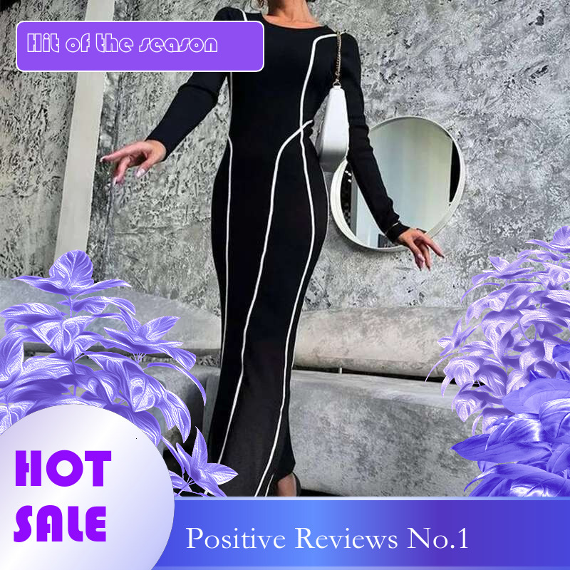 Dongdumaoyi Ronde Hals Gestreepte Kleurblok Slim Fit Jurk Voor Vrouwen High End Mid Lengte Bodycon Herfst C