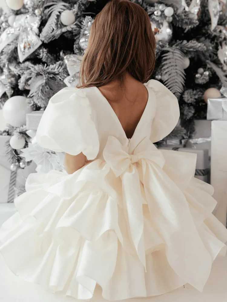 2024 Girl Y-White Bow Short Sleeve Wedding Birthday Party Christmas High End Dress W250326
