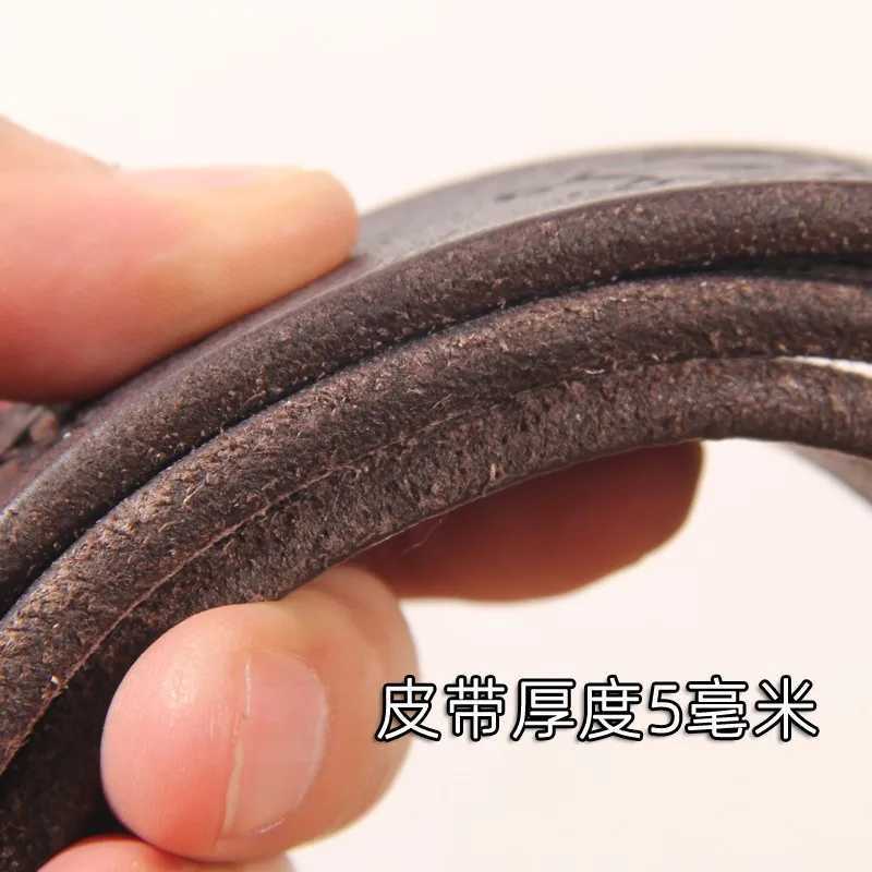 Ultra thick cowhide personalized brass trumpet shaped buckle mens belt retro laser engraving lucky Phaeton symbol denim belt W250326