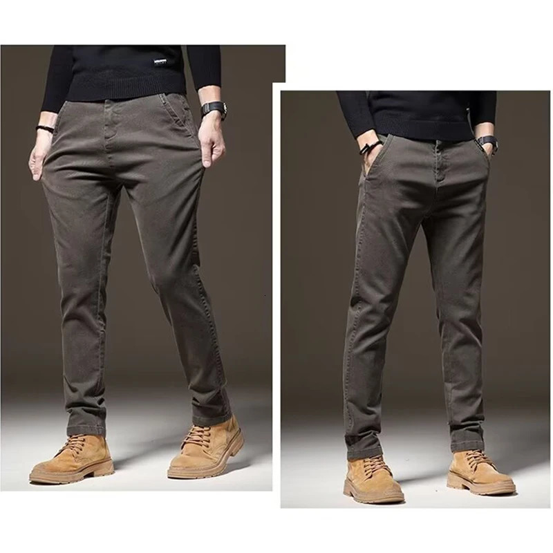 Autumn and Winter Mens Elastic Straight Leg Thick Pants Basic Street Clothing N Casual Daily High Waist 250326
