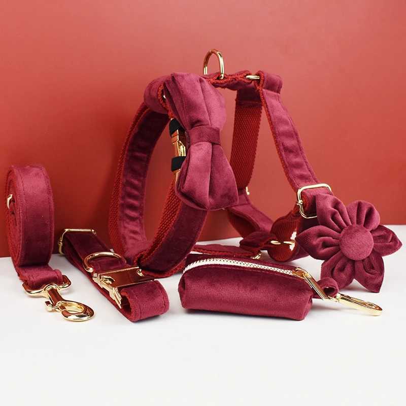 Red wine velvet dog collar and belt set suitable for large dogs custom carved names pet supplies dog collars X250326